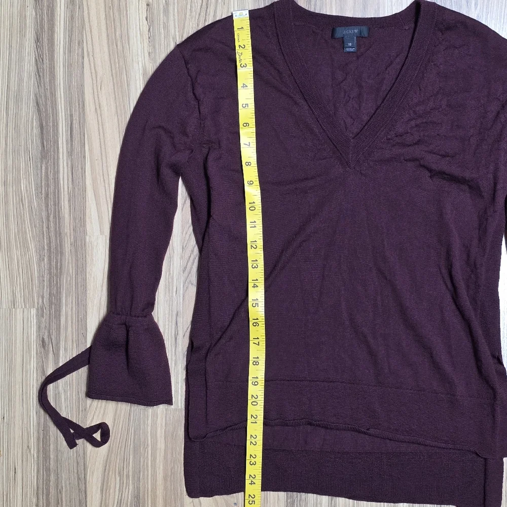 J.Crew Women's Burgundy V-Neck‎ Merino Wool Top with Tie Sleeves Size XS